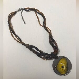 Artisan Made Abstract Yellow Black Enamel Pendant Brown Beaded Necklace 16 inch